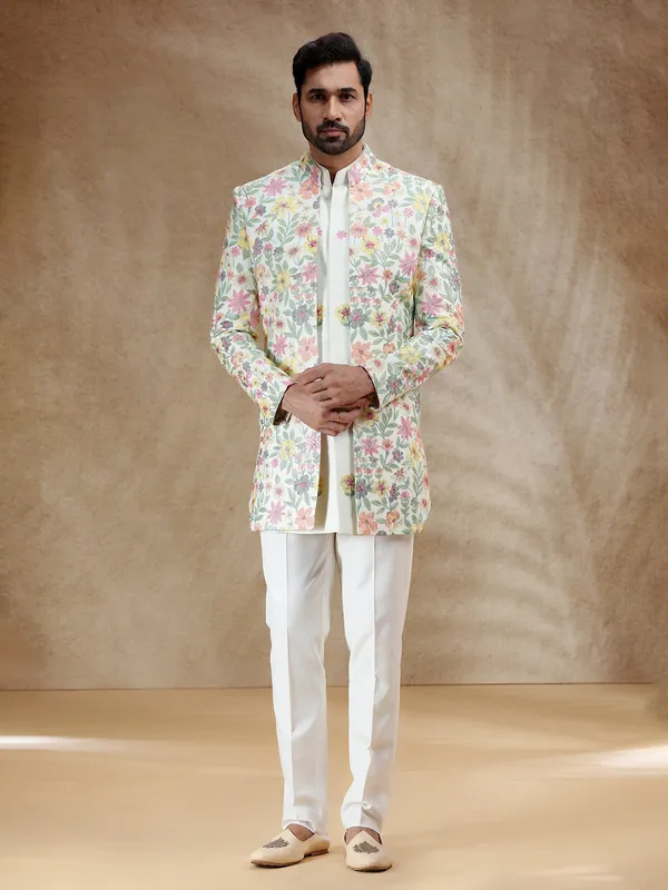 Cream silk indowestern set with embroidered coat