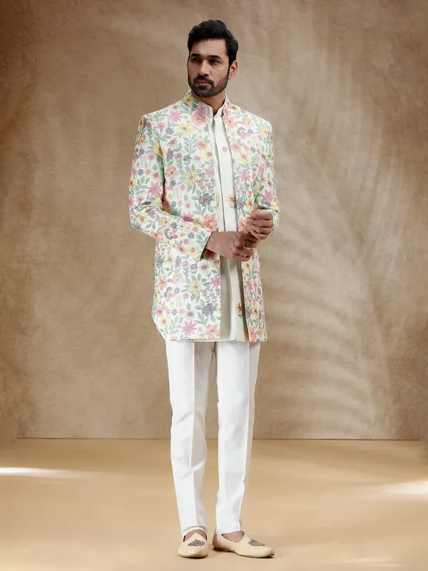 Cream silk indowestern set with embroidered coat