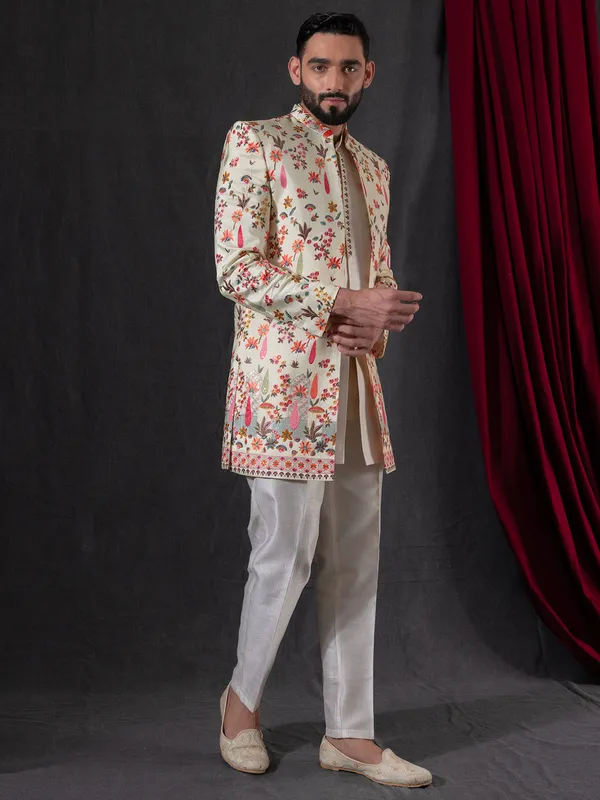 Cream silk indowestern with colorful embroidery for men