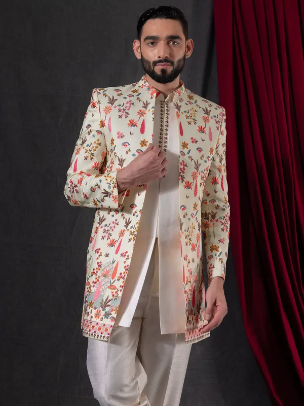Cream silk indowestern with colorful embroidery for men