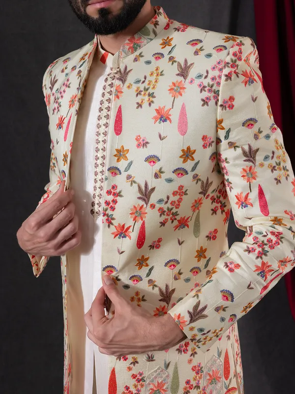 Cream silk indowestern with colorful embroidery for men