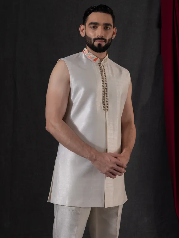 Cream silk indowestern with colorful embroidery for men