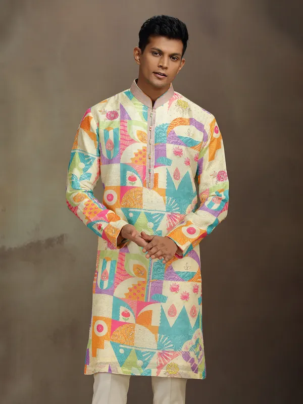 Cream silk kurta pajama with resham and beads