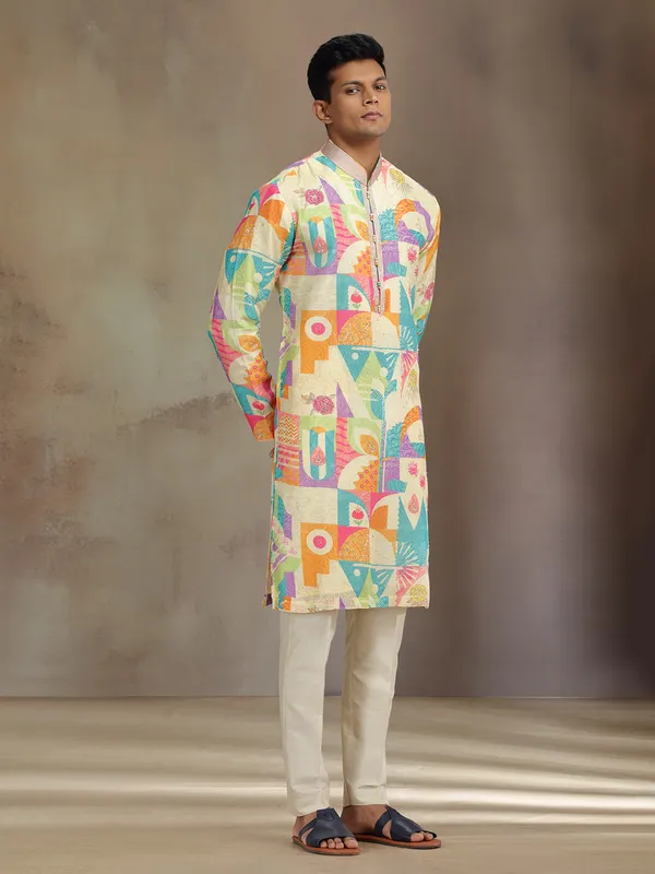 Cream silk kurta pajama with resham and beads