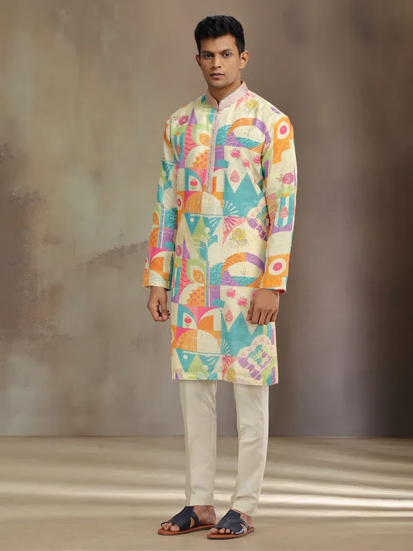 Cream silk kurta pajama with resham and beads