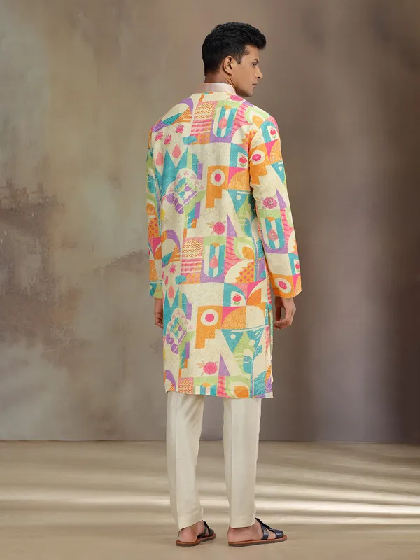 Cream silk kurta pajama with resham and beads