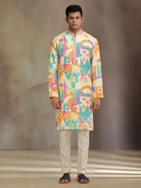Cream silk kurta pajama with resham and beads
