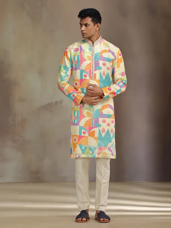 Cream silk kurta pajama with resham and beads