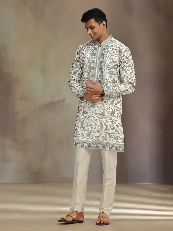 Cream premium silk kurta suit with sequins and embroidery