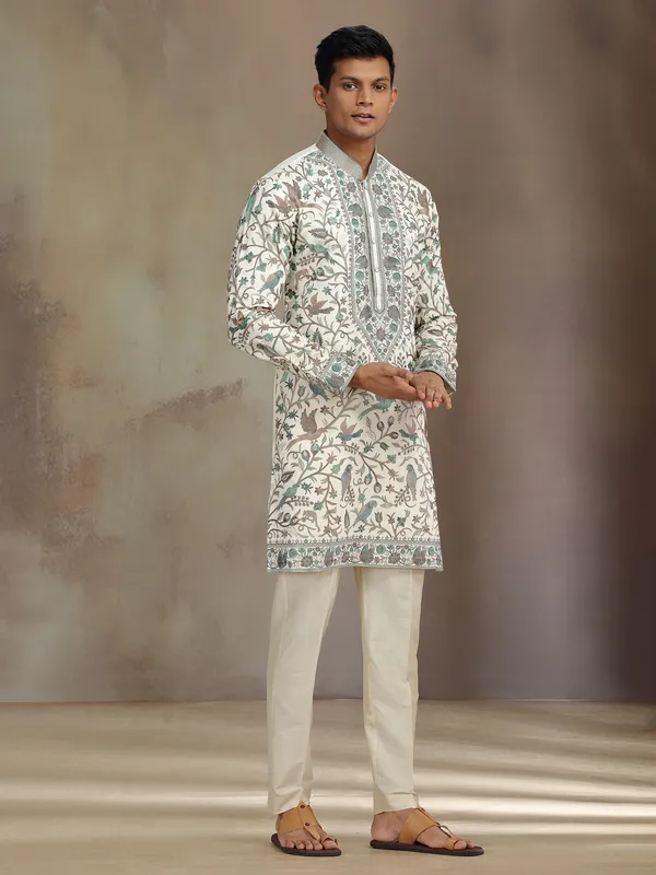 Cream premium silk kurta suit with sequins and embroidery