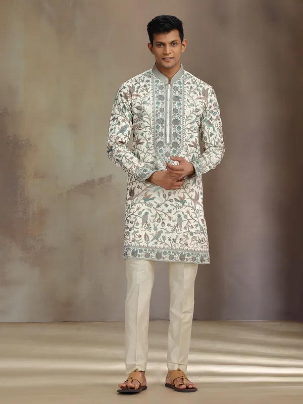 Cream premium silk kurta suit with sequins and embroidery