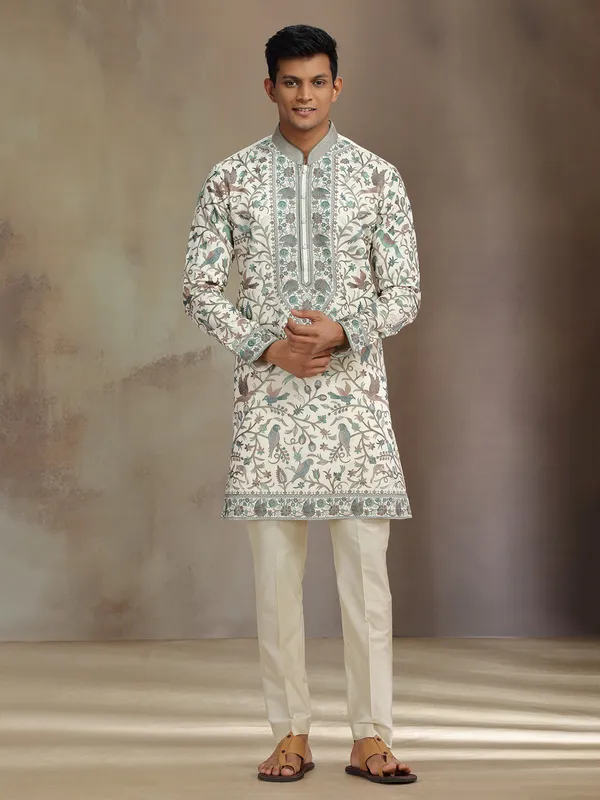 Cream premium silk kurta suit with sequins and embroidery