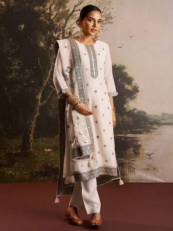 Cream silk kurti set for women