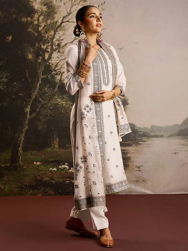Cream silk kurti set for women
