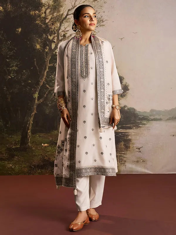 Cream silk kurti set for women
