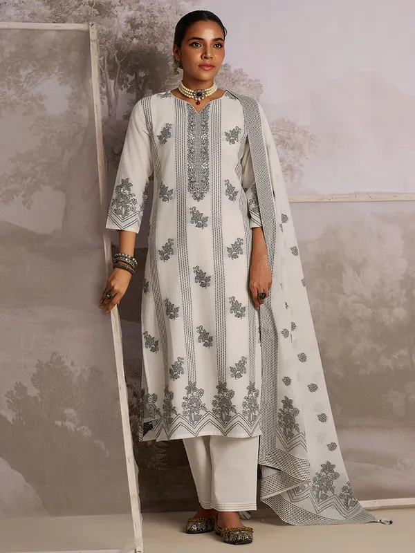 Cream silk kurti set in printed