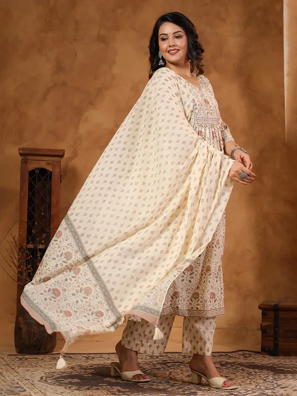 Cream silk kurti set with coin and aabla work