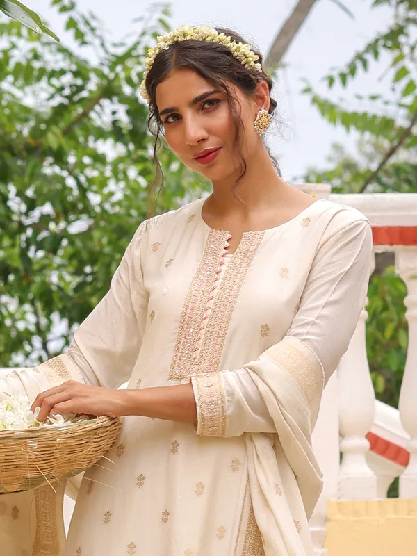 Cream silk kurti set with matching dupatta