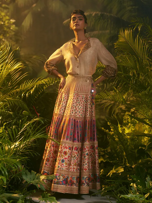 Cream silk lehenga choli for wedding celebration