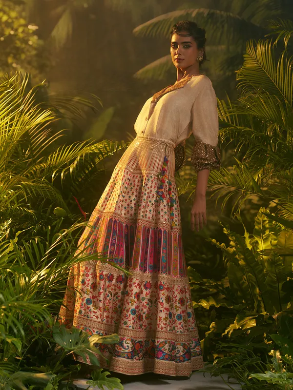 Cream silk lehenga choli for wedding celebration