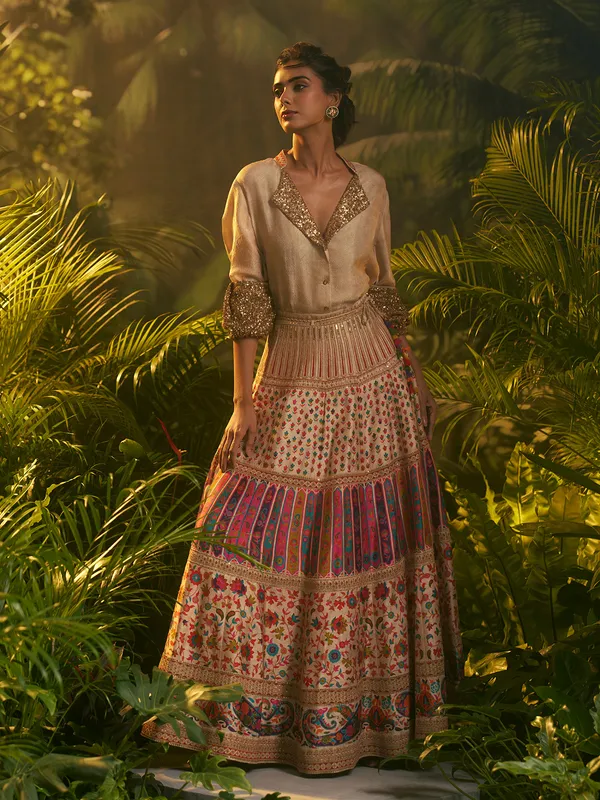 Cream silk lehenga choli for wedding celebration