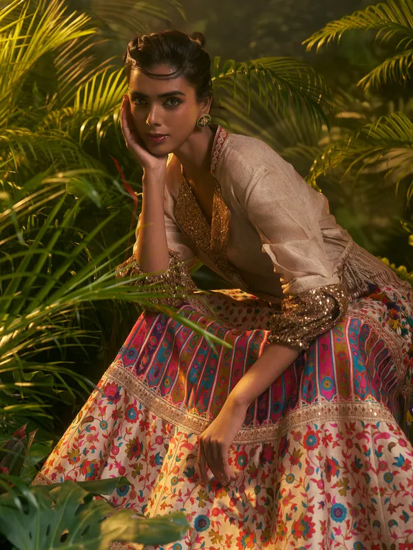 Cream silk lehenga choli for wedding celebration