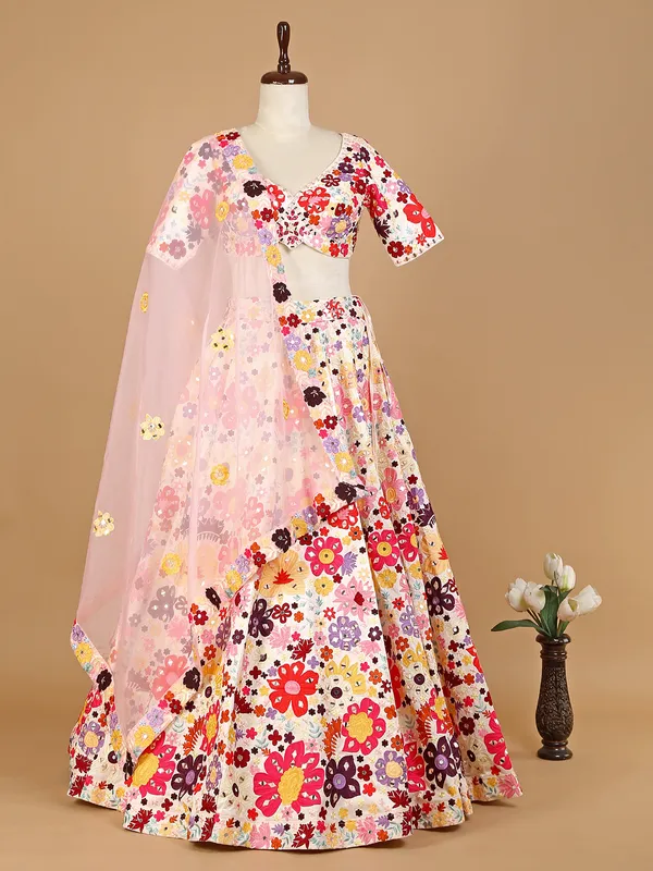 Cream silk lehenga choli with embroidery
