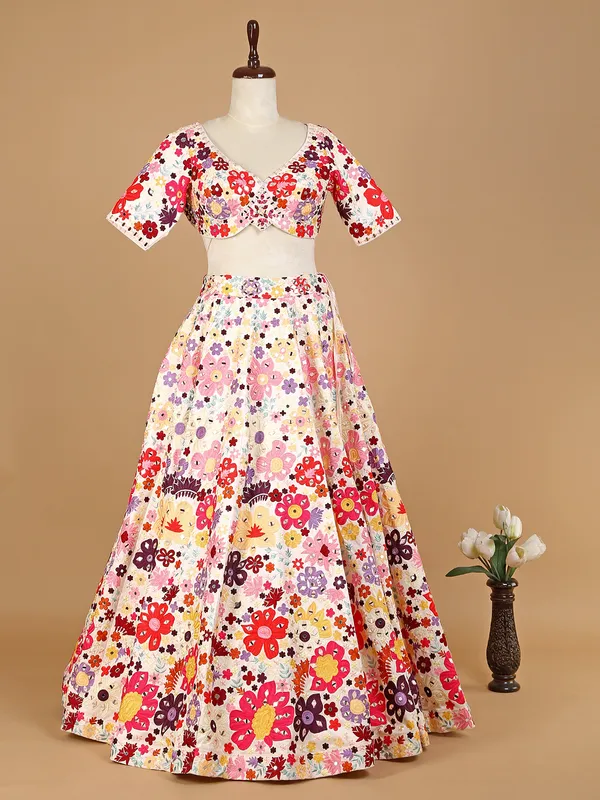 Cream silk lehenga choli with embroidery