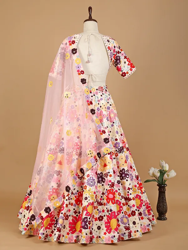 Cream silk lehenga choli with embroidery