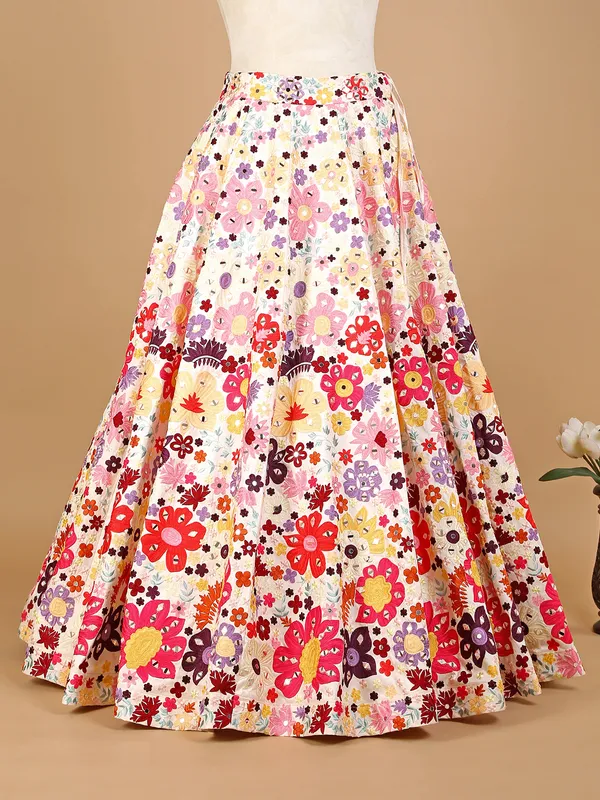 Cream silk lehenga choli with embroidery