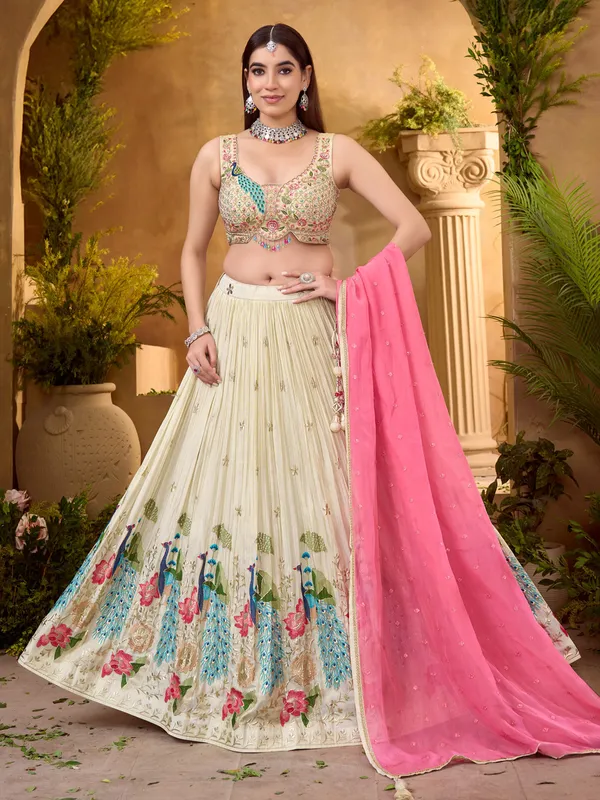Cream silk lehenga choli with embroidery work