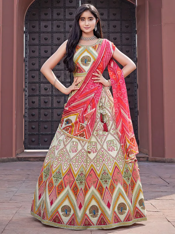 Cream silk lehenga choli with print