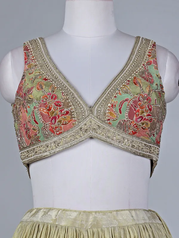 Cream silk lehenga choli with zardosi work