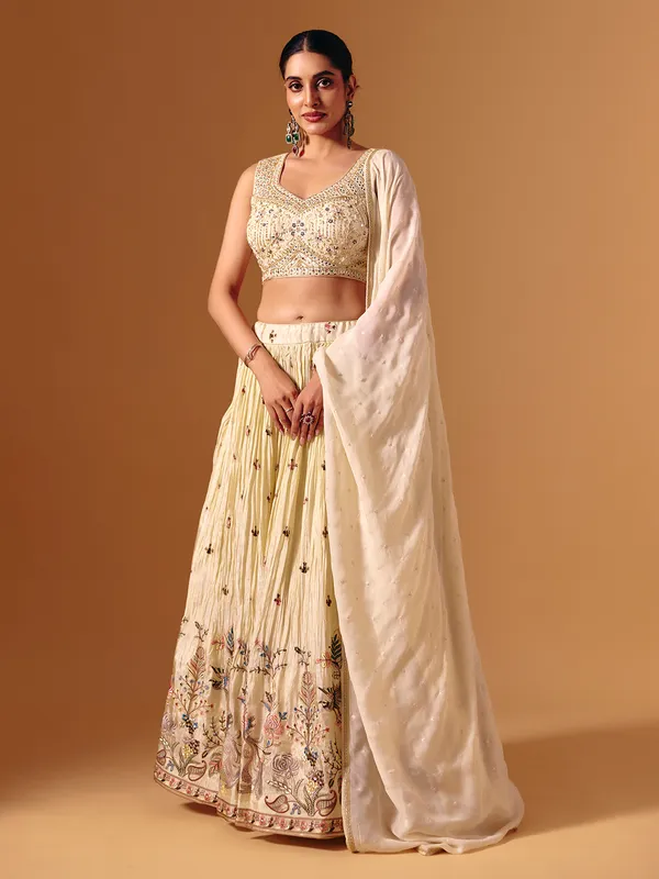 Cream silk mirror work designer lehenga choli