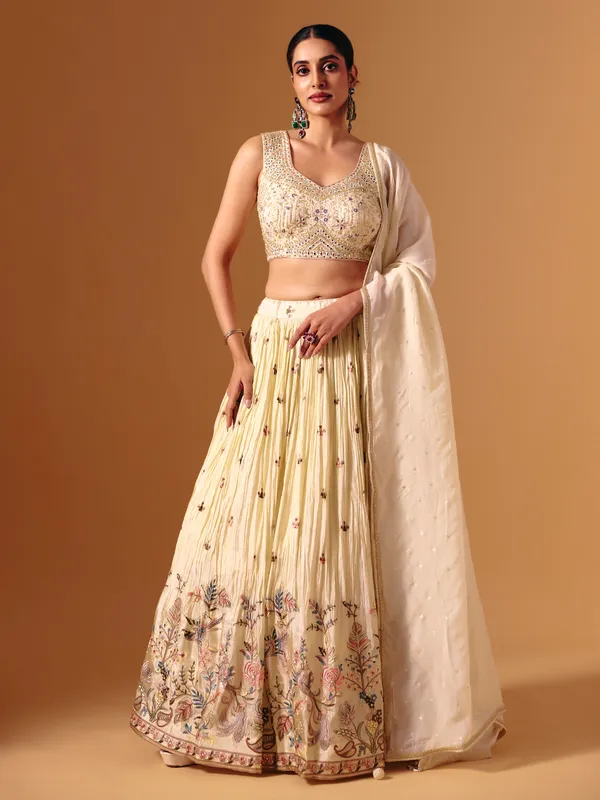 Cream silk mirror work designer lehenga choli