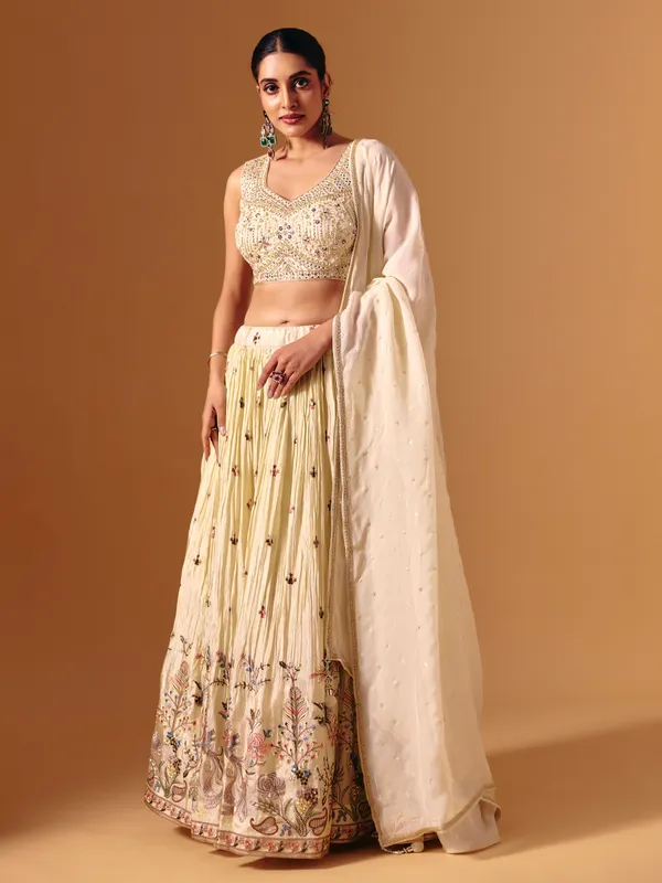 Cream silk mirror work designer lehenga choli