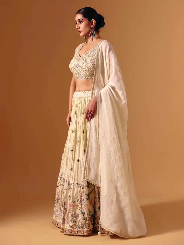 Cream silk mirror work designer lehenga choli