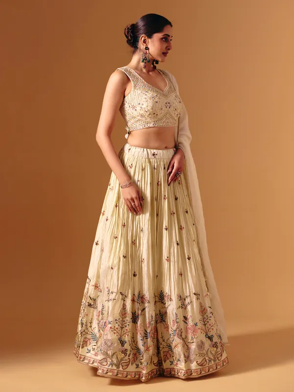 Cream silk mirror work designer lehenga choli