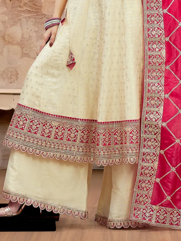 Cream silk palazzo suit with dupatta for women
