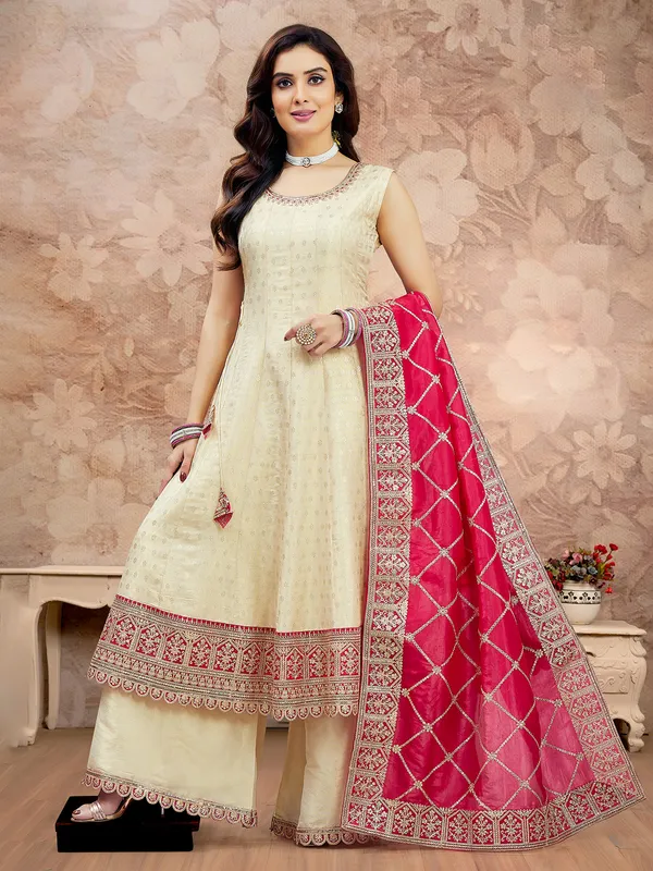Cream silk palazzo suit with dupatta for women