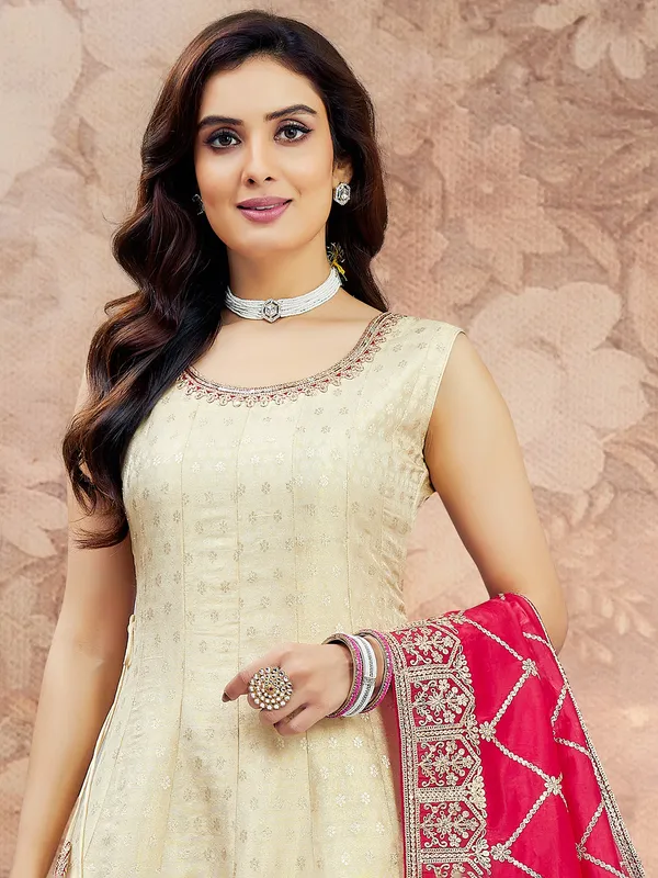 Cream silk palazzo suit with dupatta for women