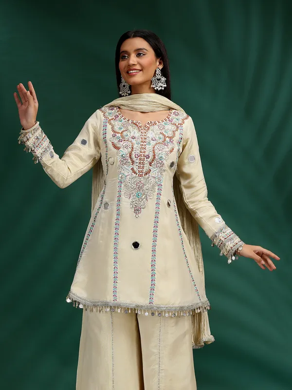 Cream silk palazzo suit with mirror and aabla work