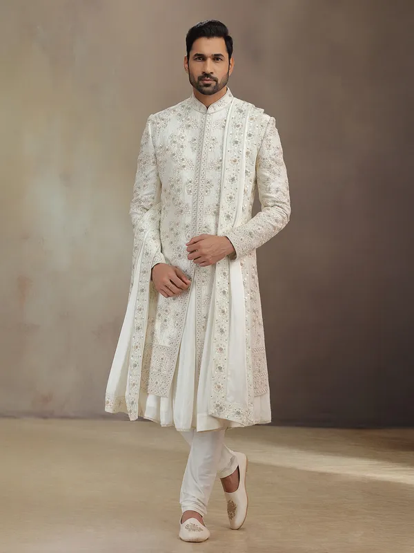 Cream silk peshwa style sherwani with dupatta for groom