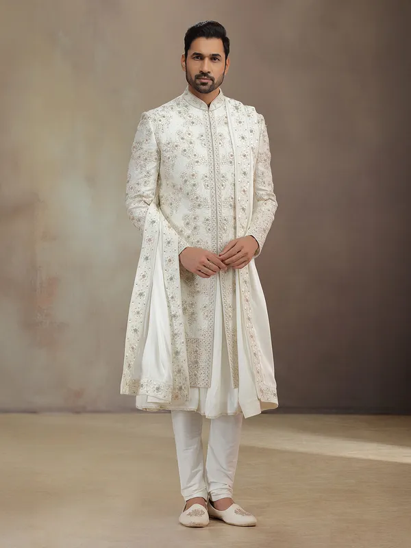 Cream silk peshwa style sherwani with dupatta for groom