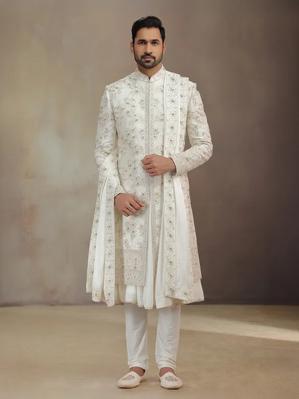 Cream silk peshwa style sherwani with dupatta for groom