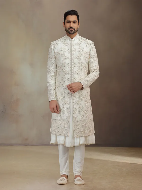 Cream silk peshwa style sherwani with dupatta for groom