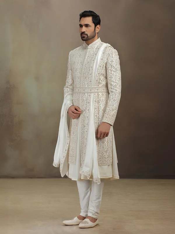 Cream silk peshwai groom sherwani with dupatta