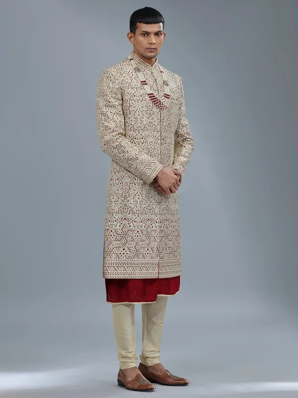 Cream silk peshwai sherwani for groom