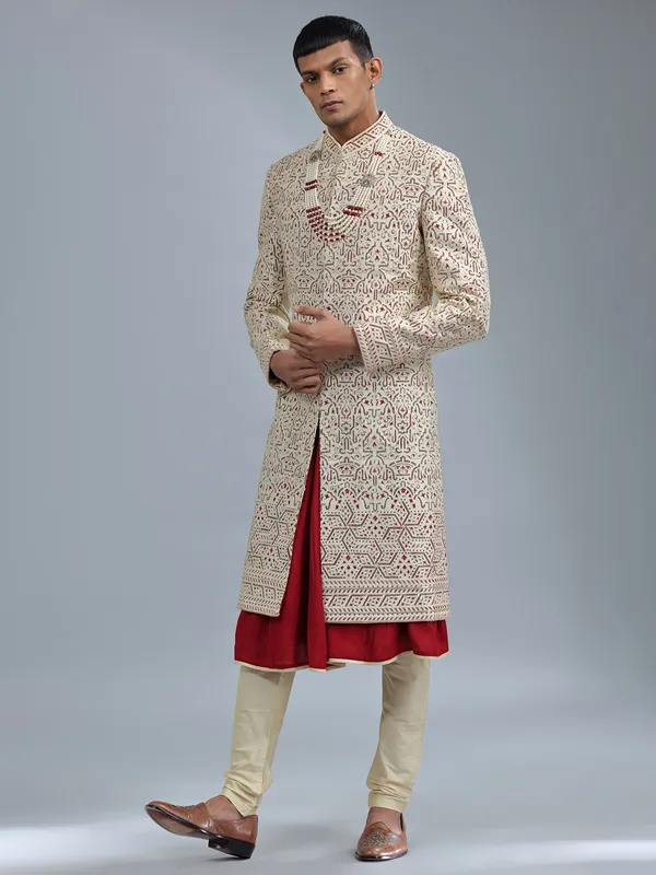 Cream silk peshwai sherwani for groom