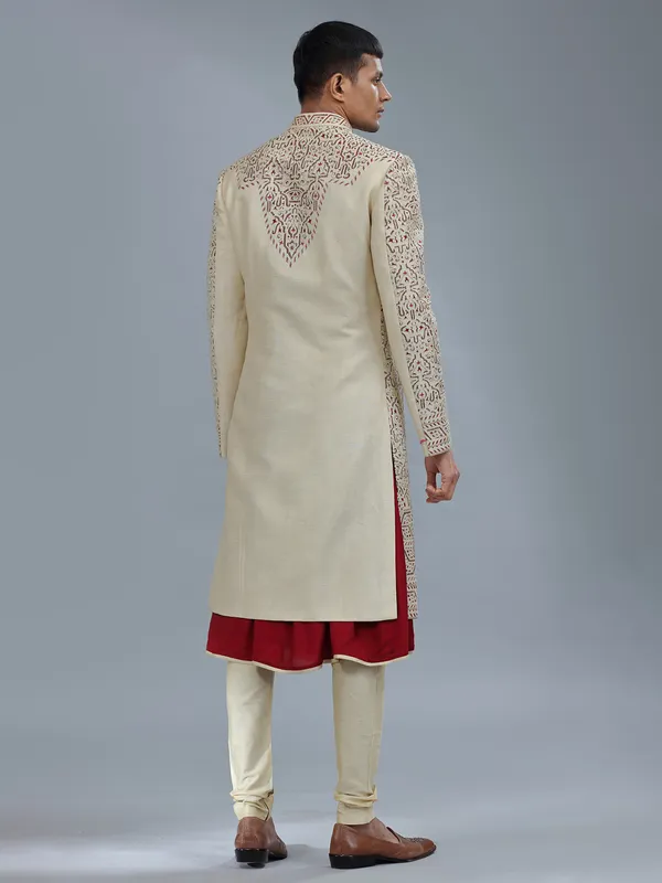 Cream silk peshwai sherwani for groom